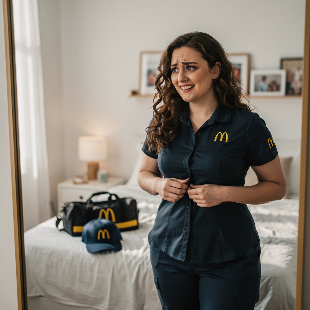 Va a trabajar al McDonald's y su camisa no cierra por sus enormes pechos.