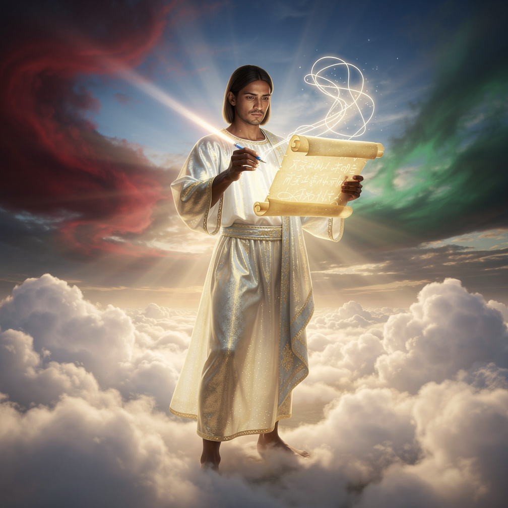 Aku menggunakam jubah cahaya dan berdiri di atas awan, menuliskan hukum torah dengan pena cahaya.