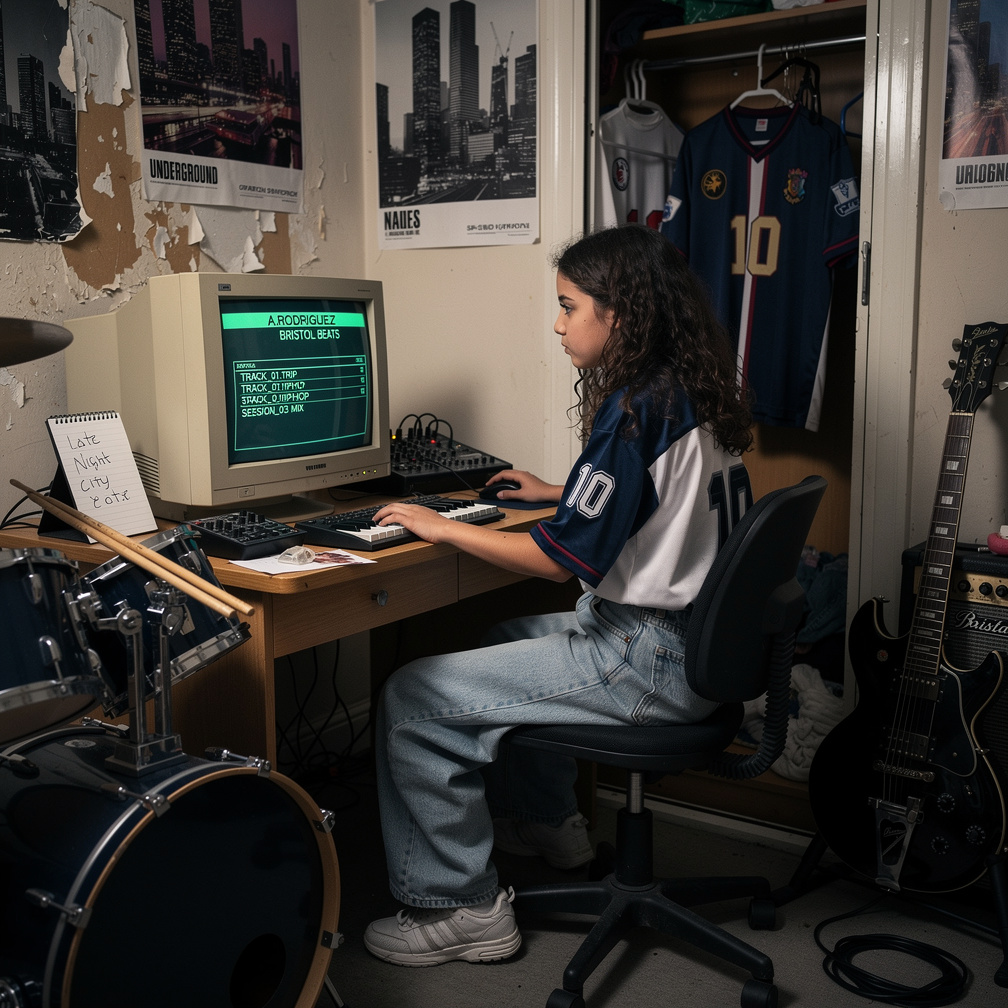 She starts The Drums then Guitar and Synth piano and More on The Computer.