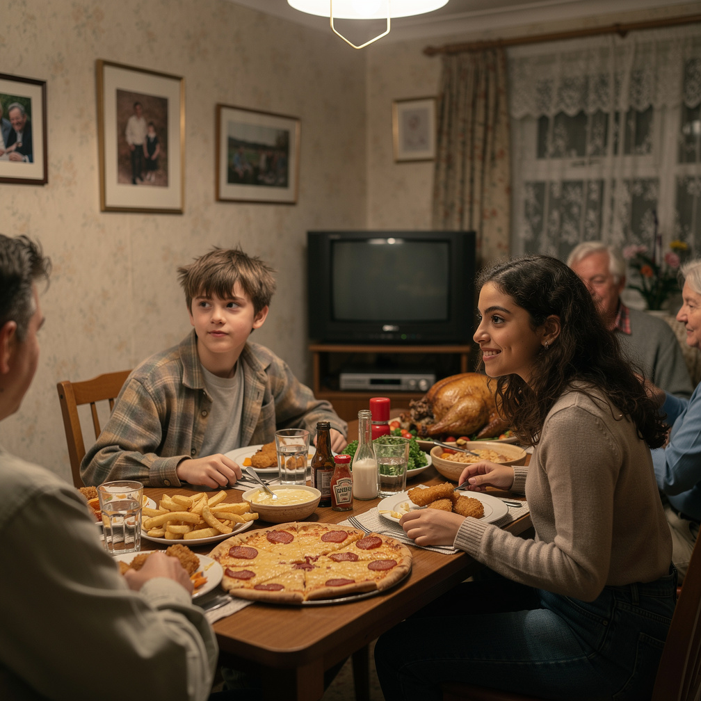 Yeah!! Fish and chips and pizza and turkey Alana and her family enjoy the dinner.
