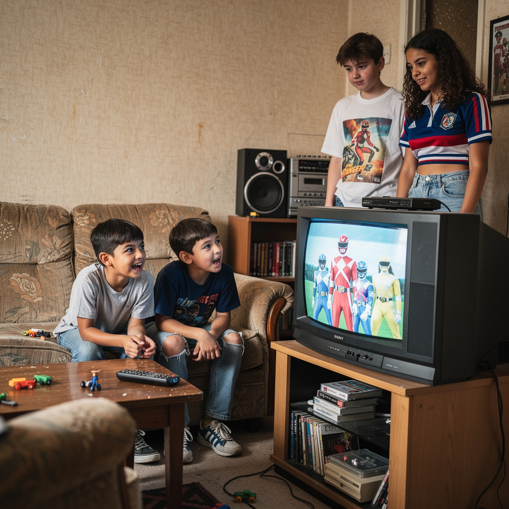 The little brothers of Alana Rodriguez watch Power Rangers the Red Ranger and Female Blue Ranger and Female White Ranger and