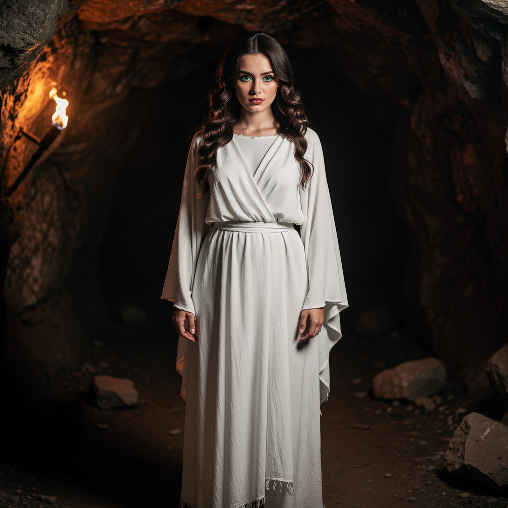 en su pasado era la sacerdotisa más hermosa de Atenas, pero un día una diosa la transformó en monstruo, desde ahí se esconde 