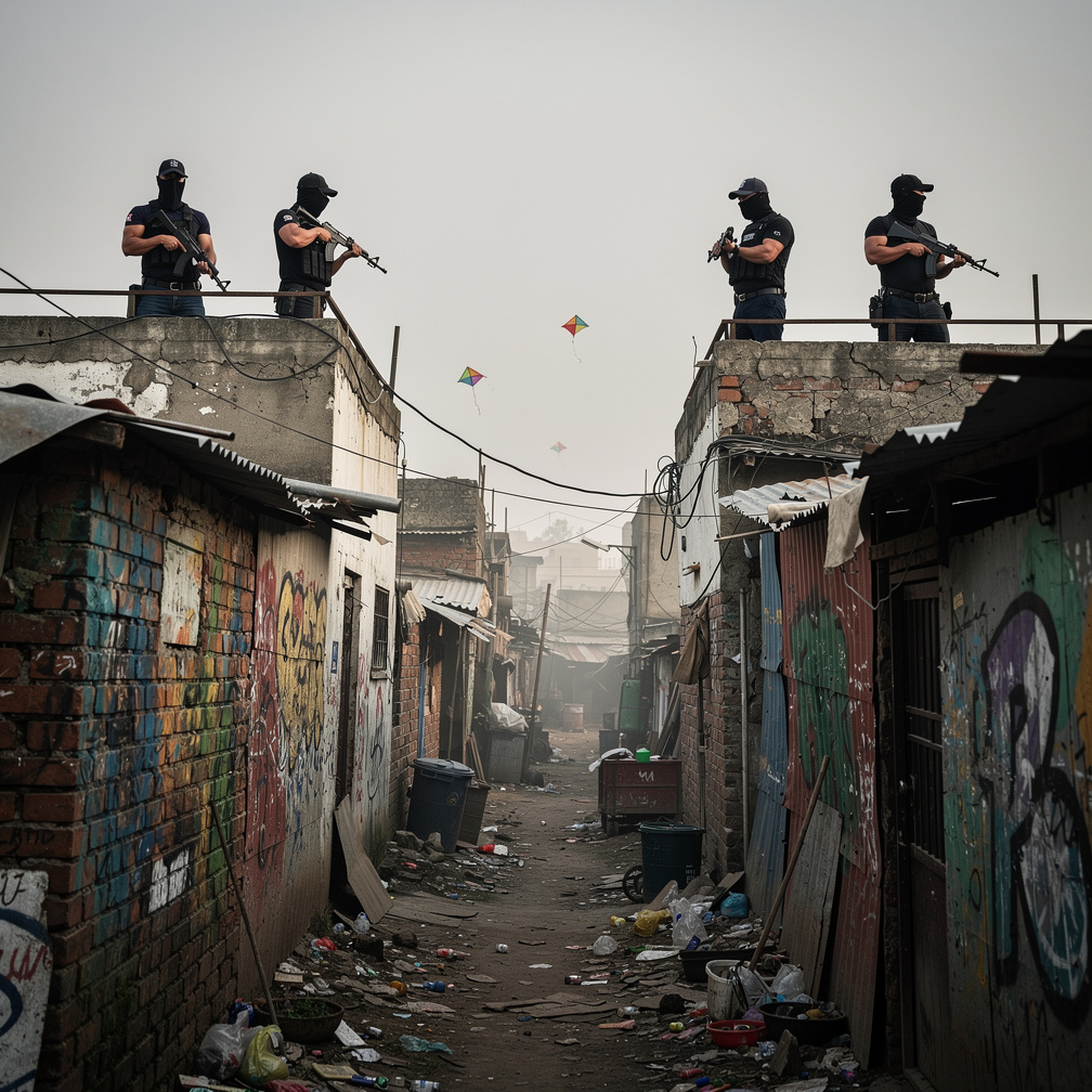 Posicionados nos telhados das casas, observando o movimento da câmera, estão homens negros musculosos usando bonés e máscaras