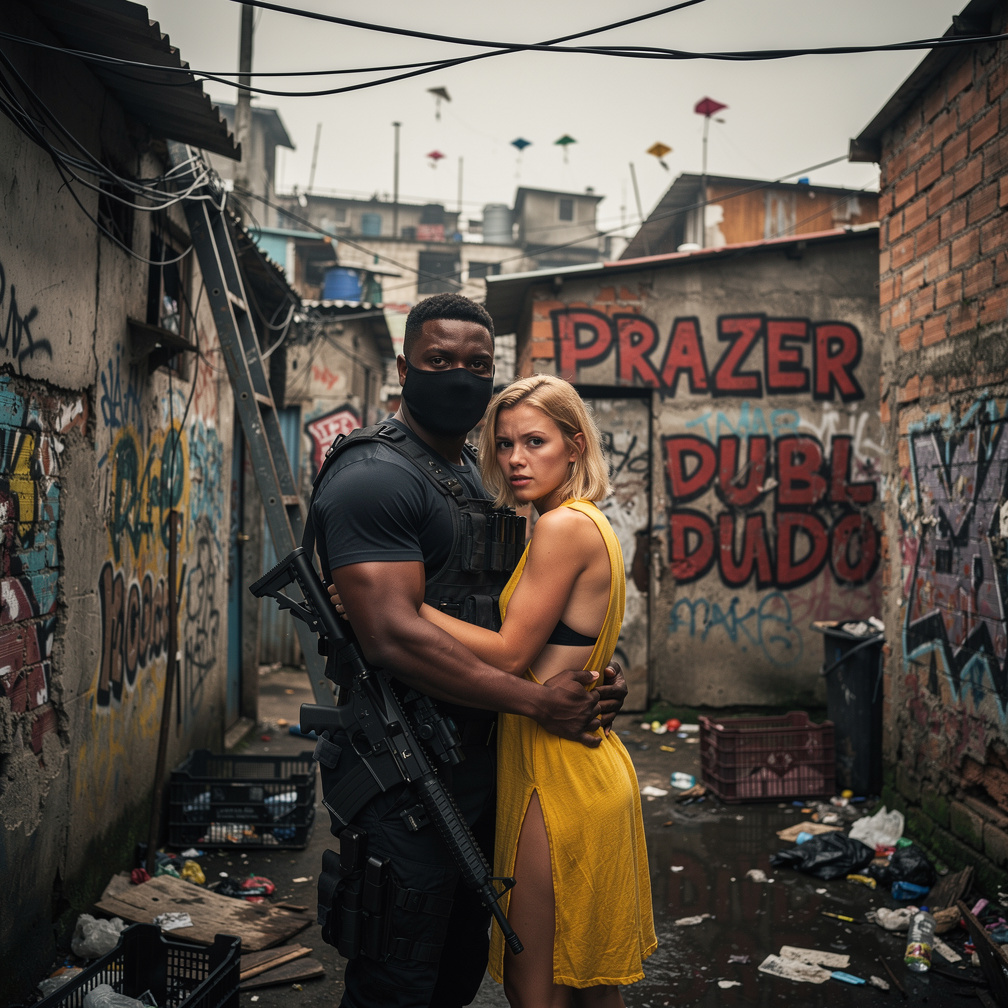 Um dos homens armados desce do telhado e aborda a jovem loira fogosa e sensual, a segurando pela cintura.