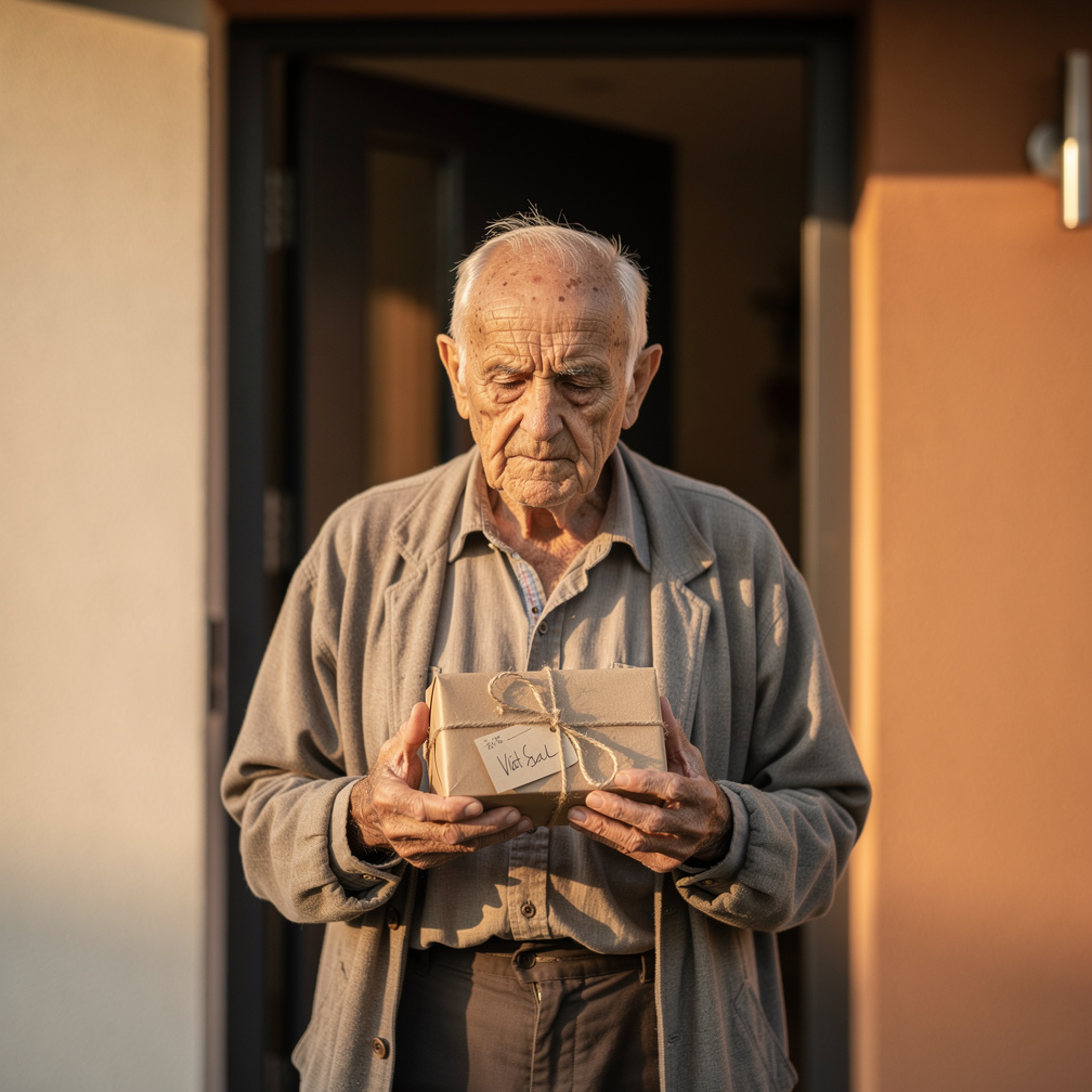 Imagine if: The doorbell rings, and it's the neighbor from your childhood home, now an old man, holding a small package with 