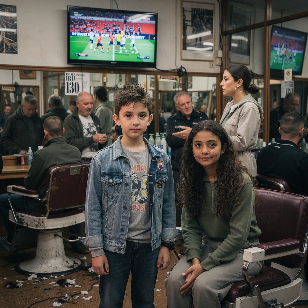 At Barbershop in Amsterdam The groups of Men are Watching Football National team Netherlands vs Brazil the teens Jasmine Pare
