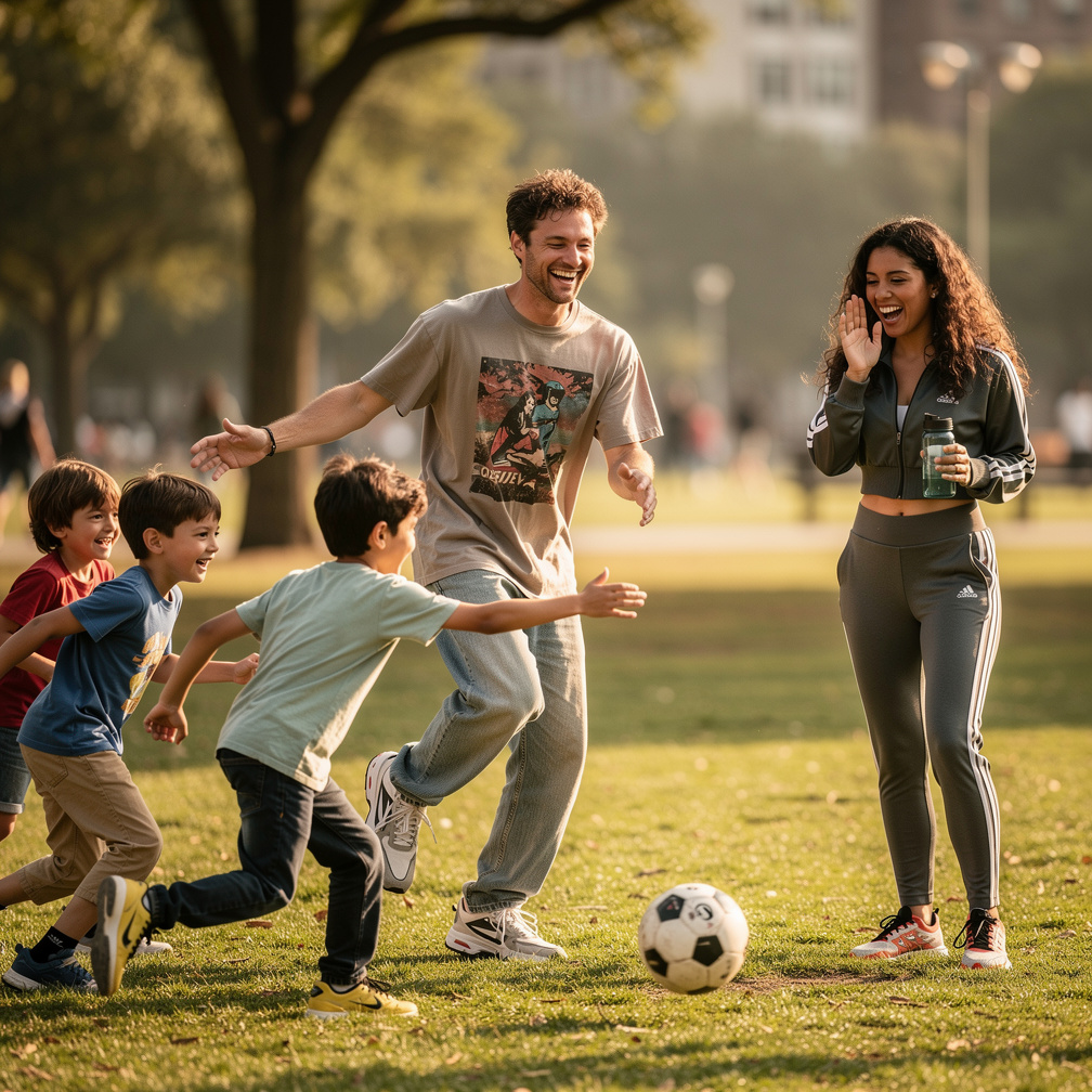 In 2026 Matthew O'Conner playing with his sons football with kids.