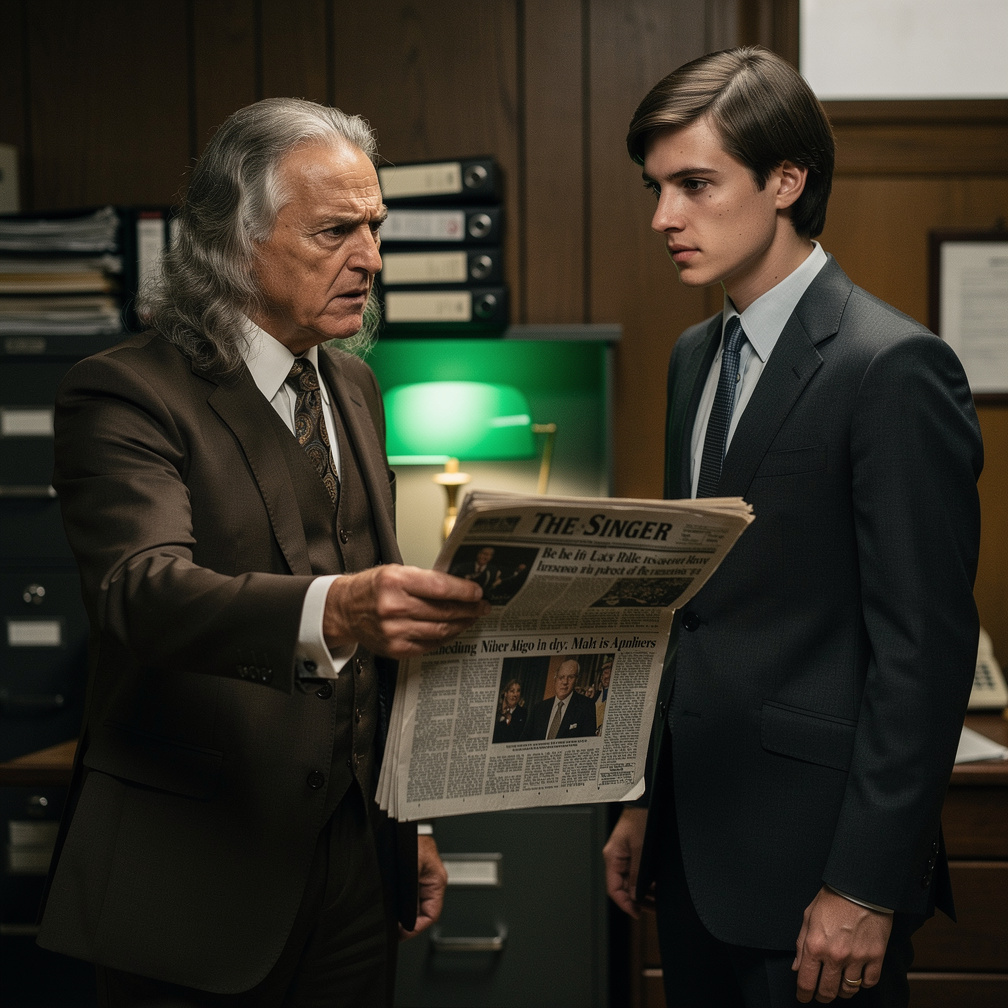 Hayes furiously hands Singer a newspaper with the headline "Anonymous source bearing the name Walter Gates reveals the United