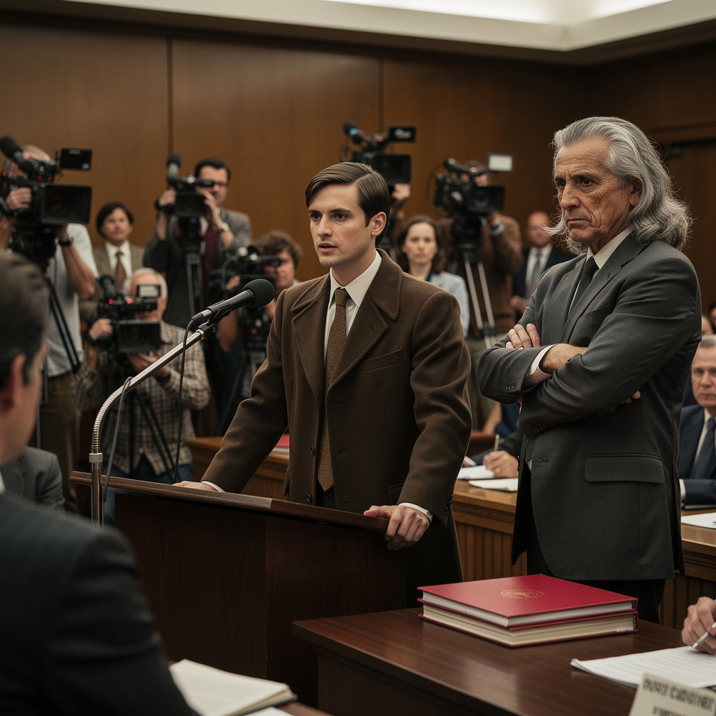 Singer argues in a court of law during an important civil case, representing MKUltra victims. The court is full and packed wi