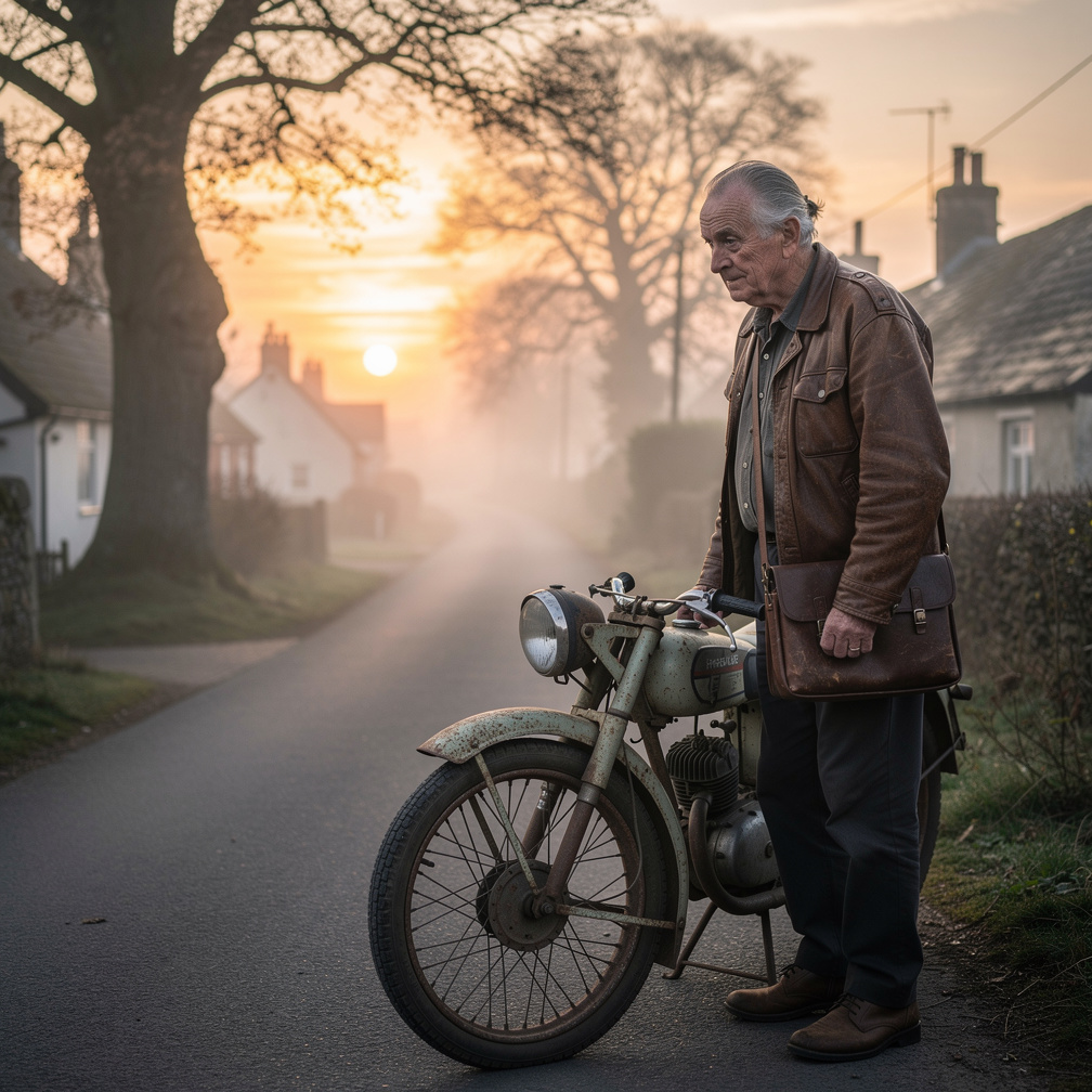 Imagine if: Slideshow Storyboard – "The Old Postman"
Scene 1
Wide shot
An old postman stands beside his weathered motorcycle