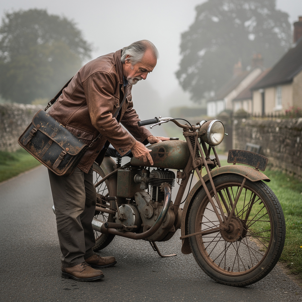 He makes a decision that it is his responsibility to send all the letters.
He takes an old postman's motorcycle and checks it