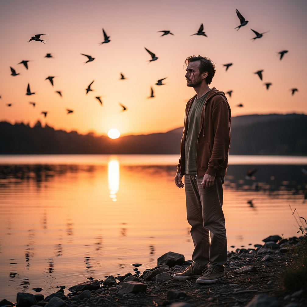Imagine if: The man looked so drained from the sorrows of life while staring at a quiet lake, reflecting the very radiant sun