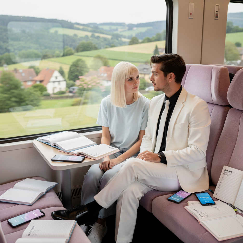 Emma Kimberworth and R.J. Jones he wears white suit long shirt black and white tie, black shoes Travelling to Limburg.