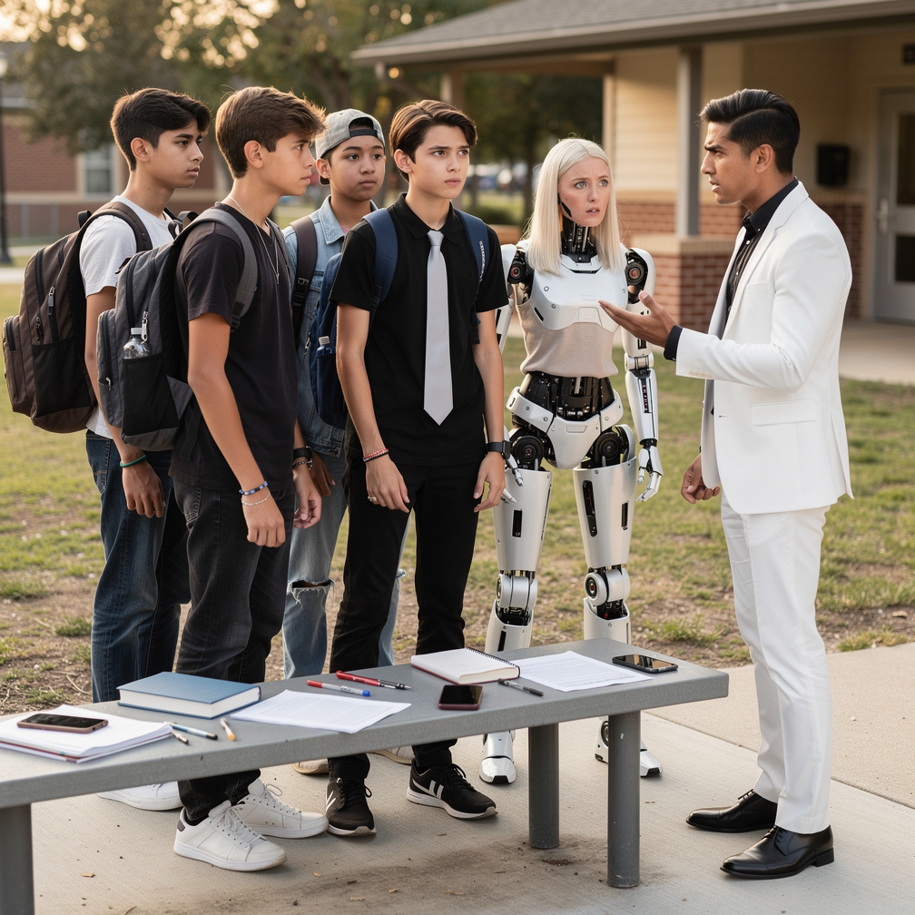 You. Tell me you tell me Asks R.J. Wears white tie and long black shirt and White suit, Black Shoes starts anger at Jason Hun