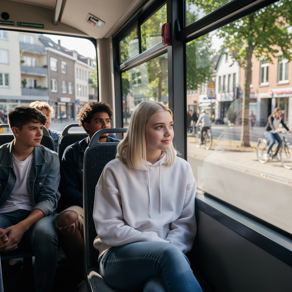 Inside the bus Limburg Emma Kimberworth and R.J. and Alana Rodriguez and Matthew O'connor coming too they're looking at windo