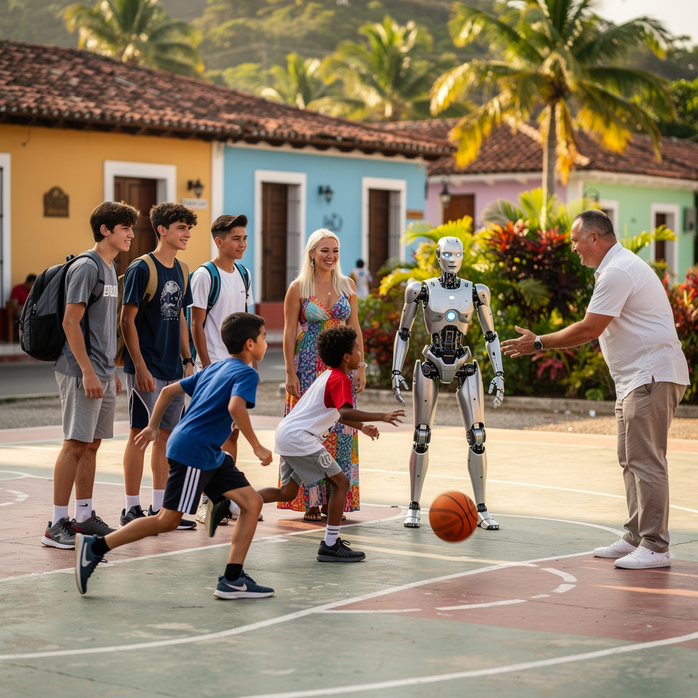 At Nicaragua the Children play Basketball Alana Rodriguez tells the children. Matthew O'connor hola como estas muy bien told 