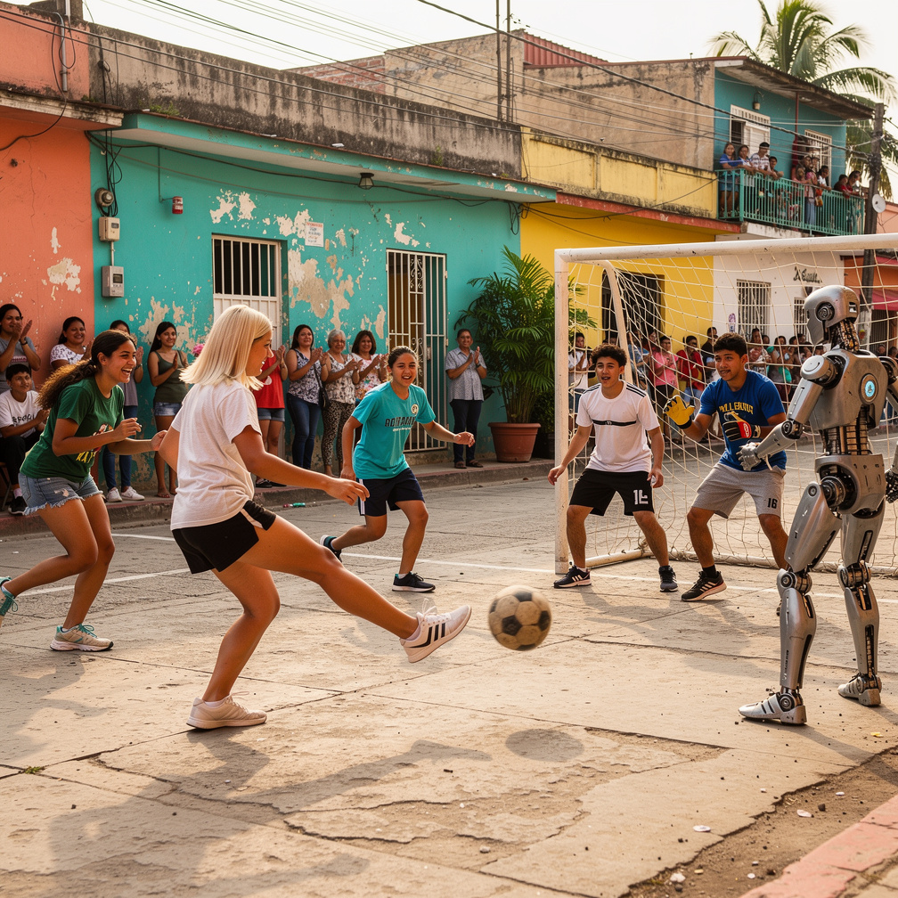 The girls start kicking off at the streets of Nicaragua. The boys start defending the girl with her Goalkeeper gloves and And