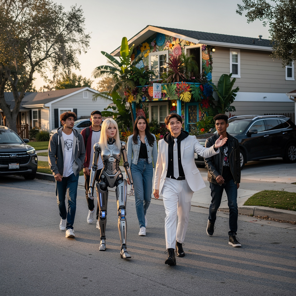 R.J. Wears white suit and black long shirt and White tie and black boots And Emma Kimberworth With no Friends They're Going t