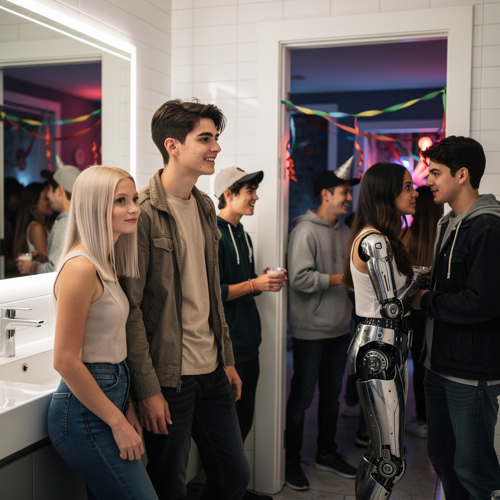 Alana Rodriguez and Matthew O'connor are Kissing in the bathroom of Jasmine Paredes' and Her Parents' Party house.