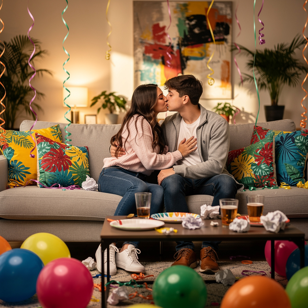 They're Kissing in the Bathroom of Jasmine Paredes' party house with no friends. They're in living room romantic kisses.