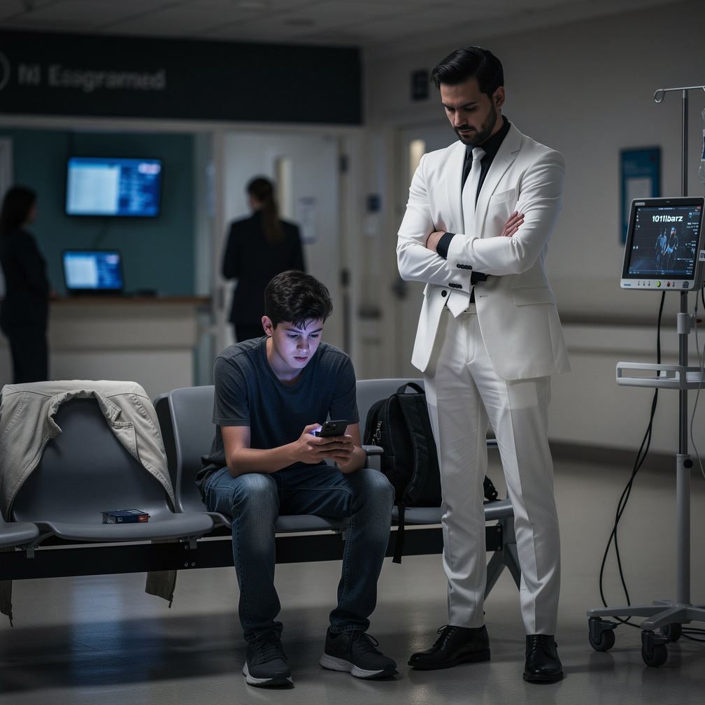 At Hospital Jason Hunter watches 101barz from the Netherlands at his phone. R.J. Wears white suit and black long shirt and wh