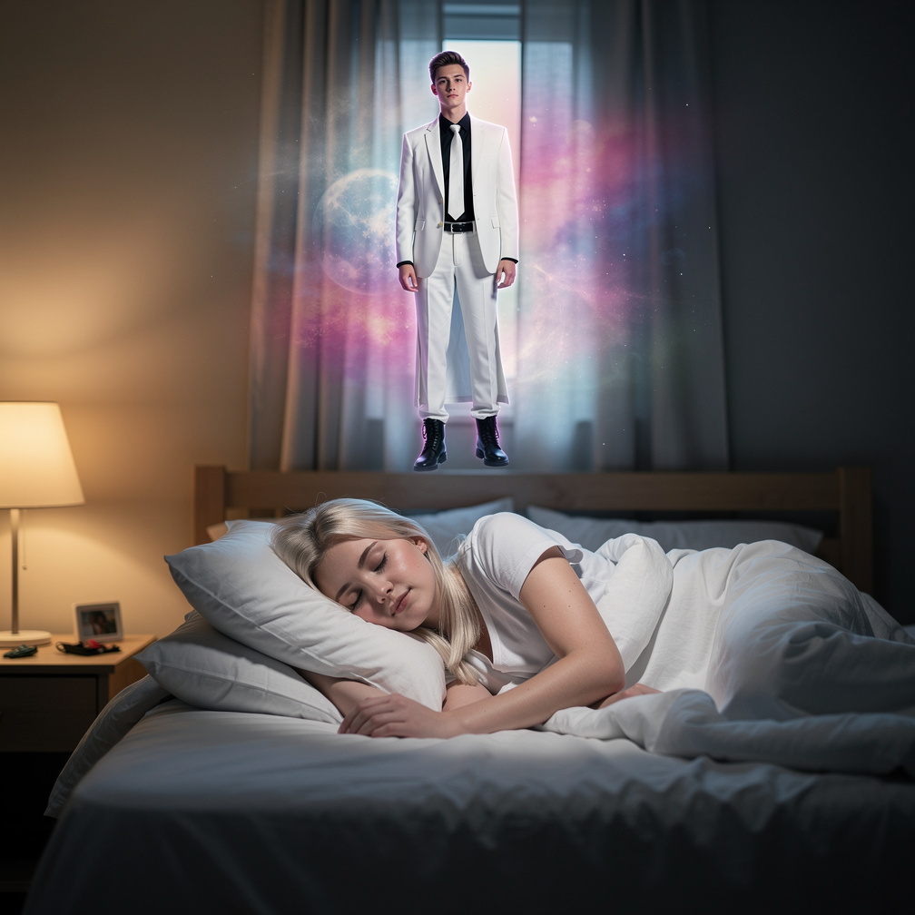 Emma Kimberworth falls to sleep. Dream about R.J. Wears white suit and black long shirt and white tie and black boots she's f