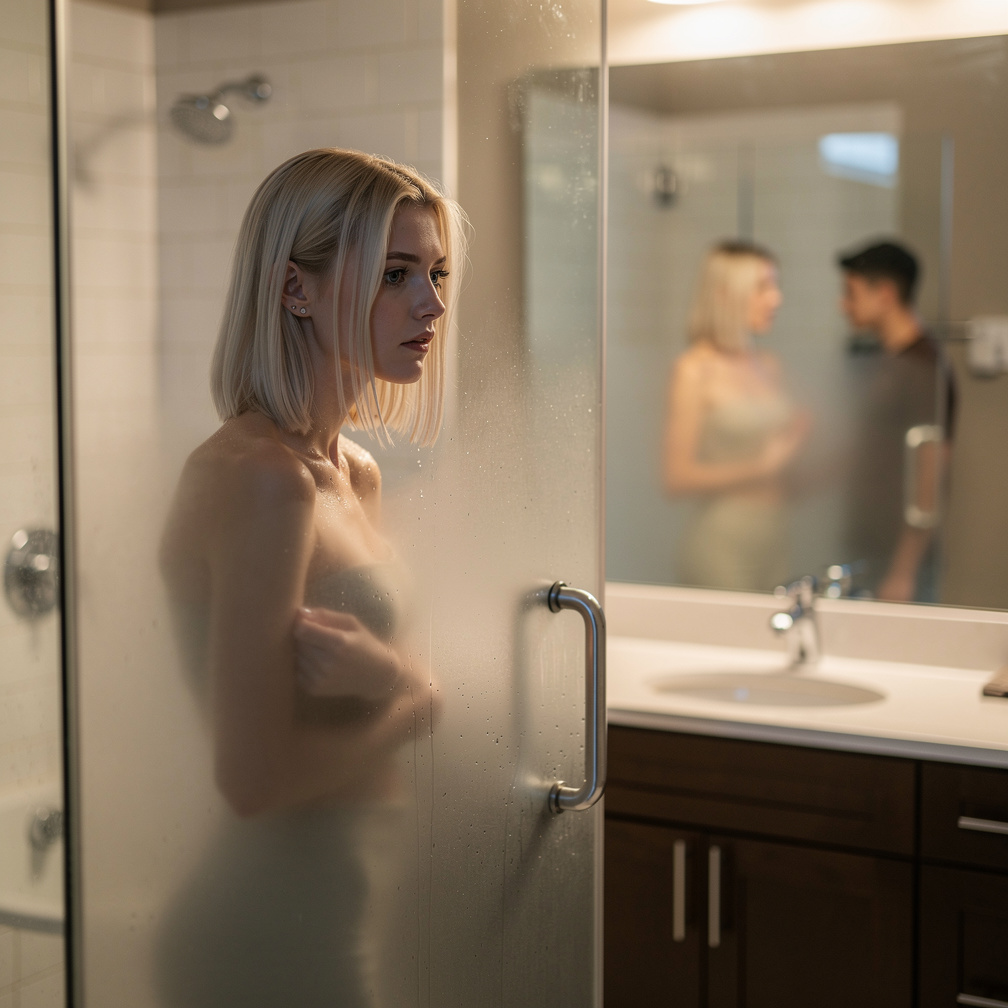 At Morning Going to bathroom having shower naked Emma Kimberworth starts thinking about her team and R.J.