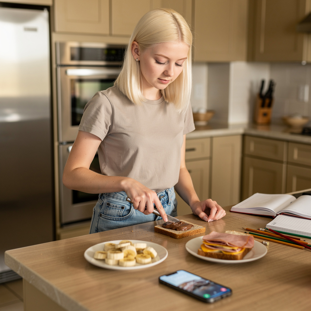 Emma Kimberworth she makes her lunch at this morning making Nutella and bananas and ham cheese.