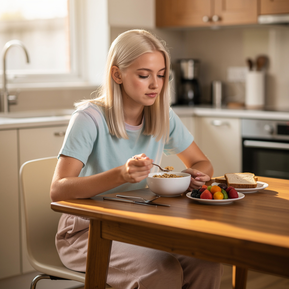 And She makes her breakfast cereal and fruits and bread Emma Kimberworth sitting chair and table and eating.