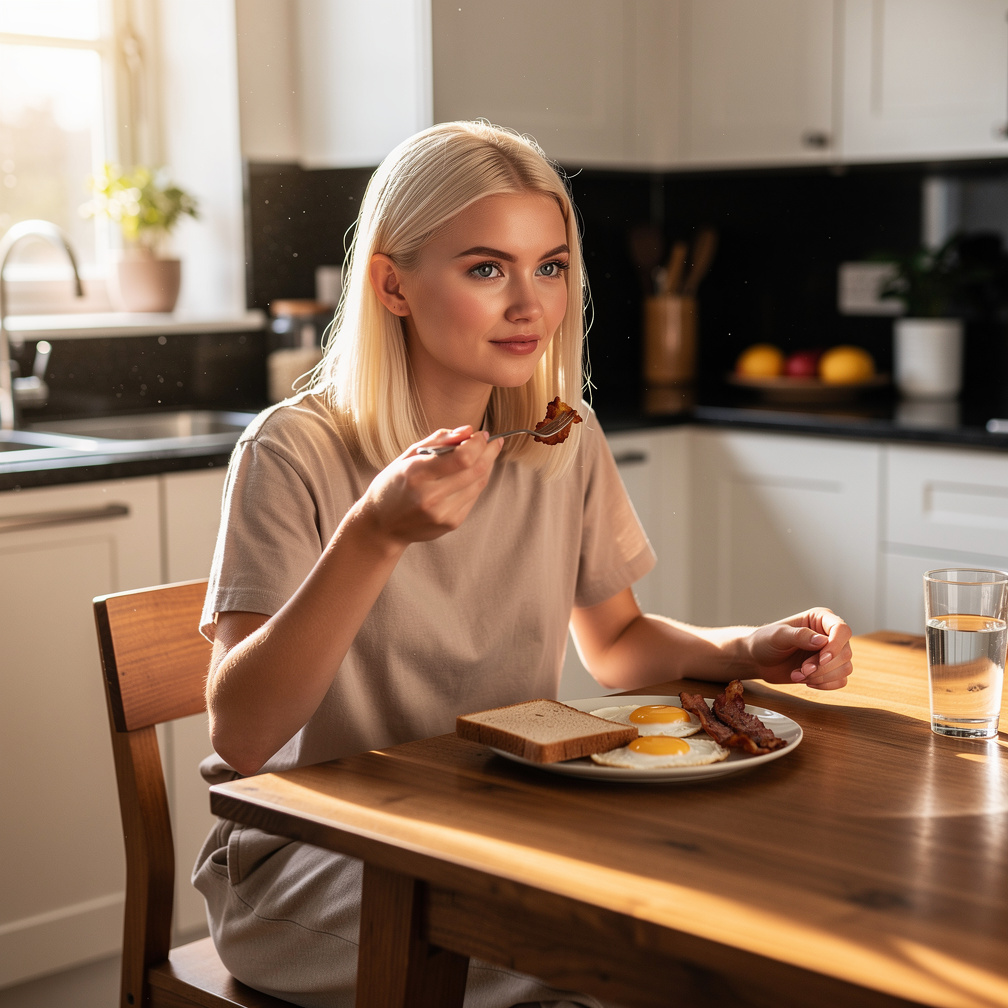 And eating her bread with eggs bacon's Emma Kimberworth.