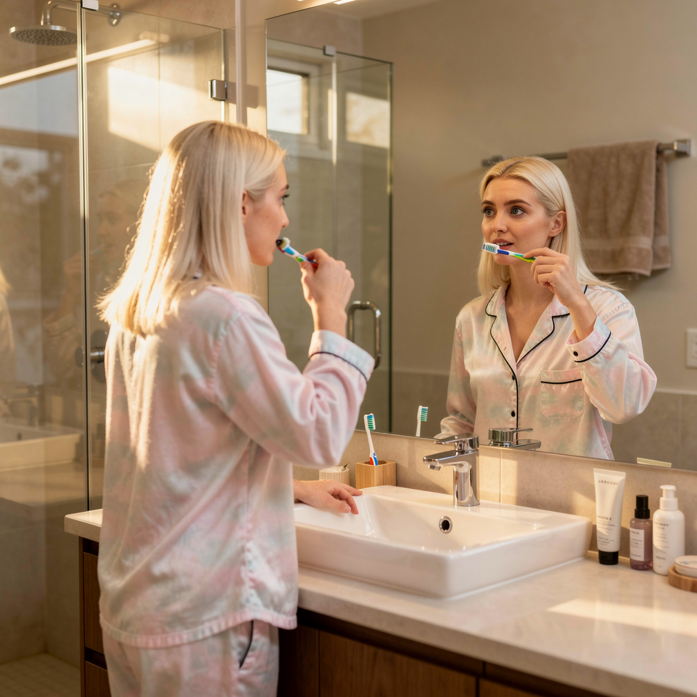 Emma Kimberworth brushes her teeth.