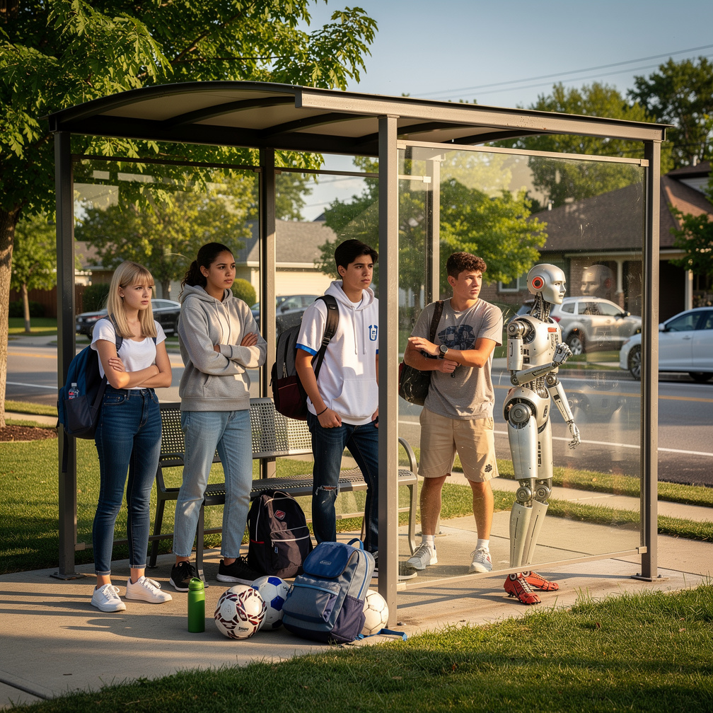 Her team are watching for her at the bus stop.