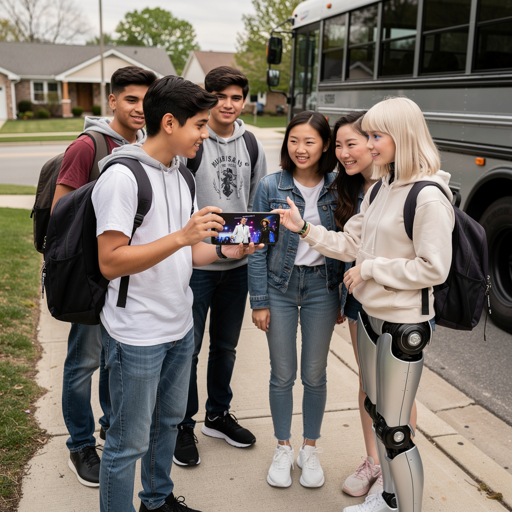 At school bus Her Friends Talk about R.J Wears White suit and black long shirt and White tie and black boots  the guys In Yes