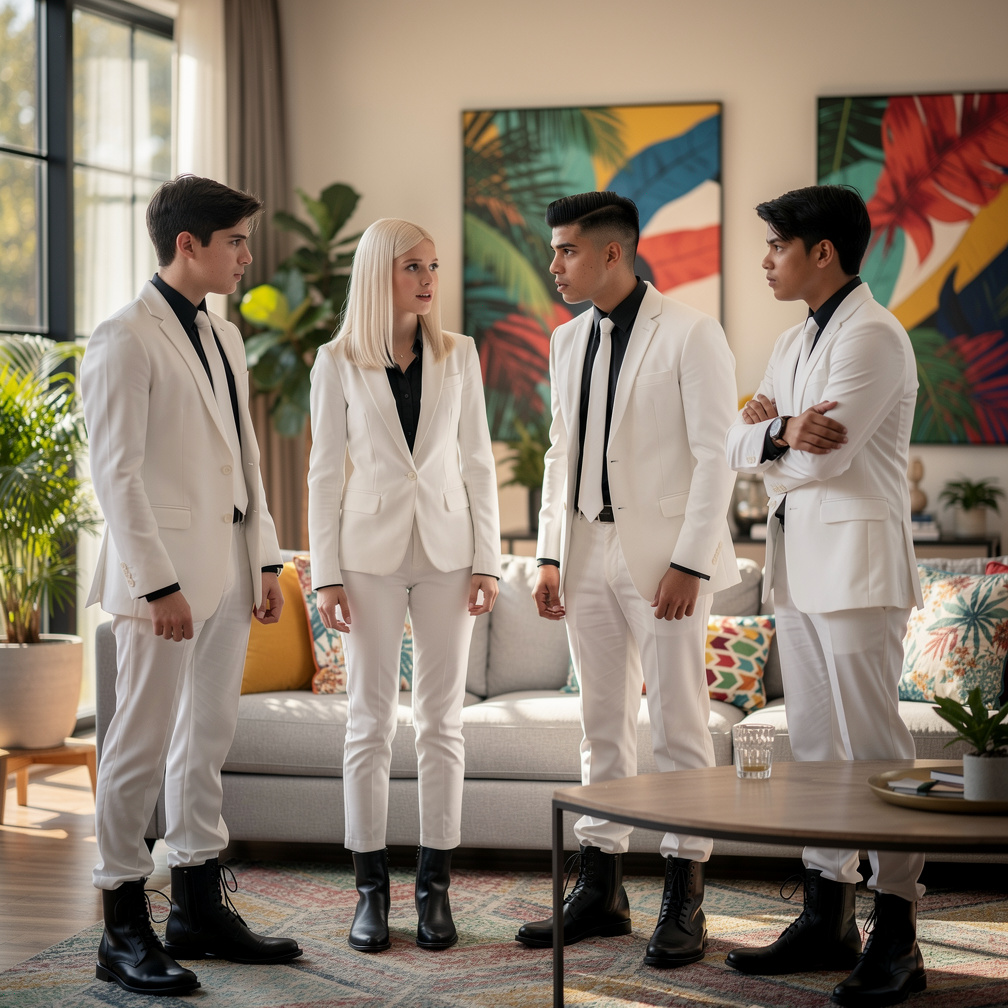 The boys and R.J wear white suit and black long shirt and White tie and black boots tells her About Mermaid Princess named El