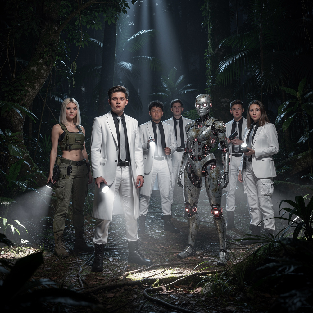 At Guatemalan Jungle Midnight the white boys and R.J Wear white suit and black long shirt and White tie and black boots and E