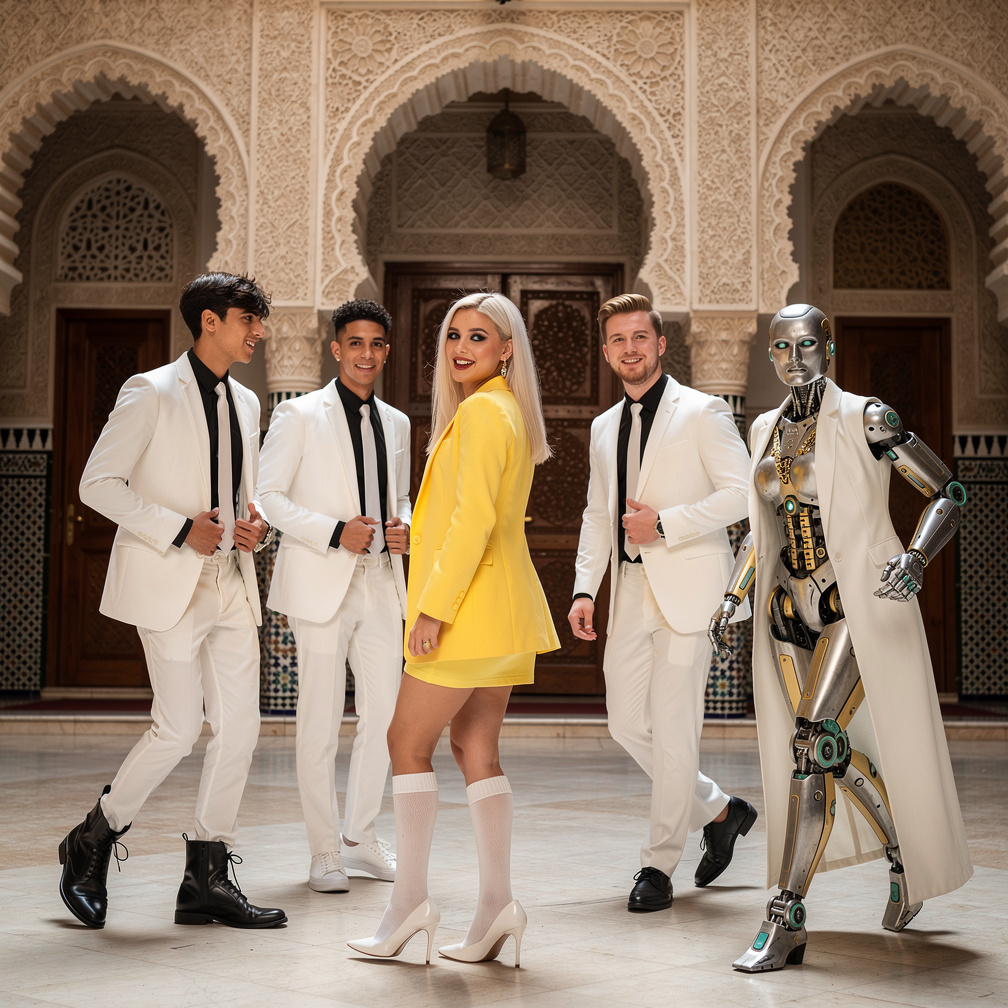 At Dar Caïd Nessim Samama in Tunisia, the boys and I wear a white suit, a black long shirt, a white tie, black boots, and sne