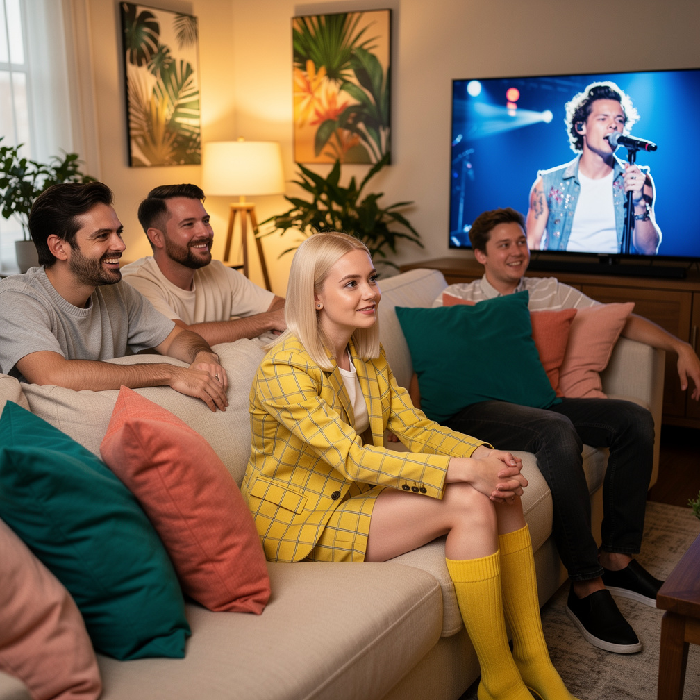 Emma Kimberworth watches Harry Styles With His Real face   with  parents and Her cousin Theo watches too.