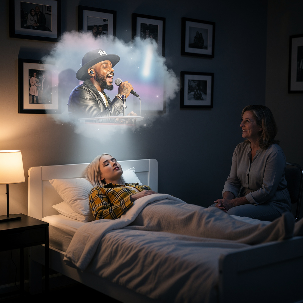 At Bedroom Midnight she Goes to sleep. Dream about Ne-Yo with his Real face. Her mom is very fan.