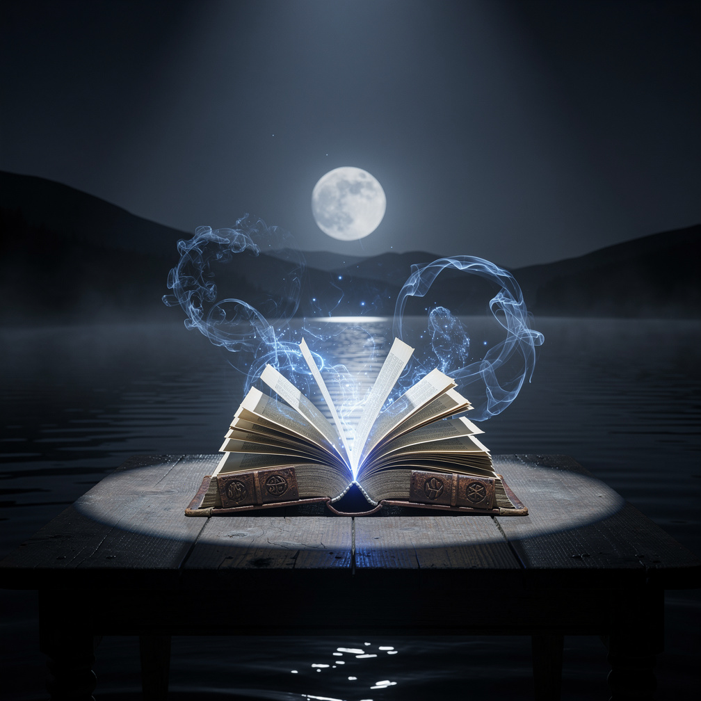 Imagine if: A dark fantasy cinematic trailer. In a black room, an ancient mysterious book rests on a table under a soft blue 