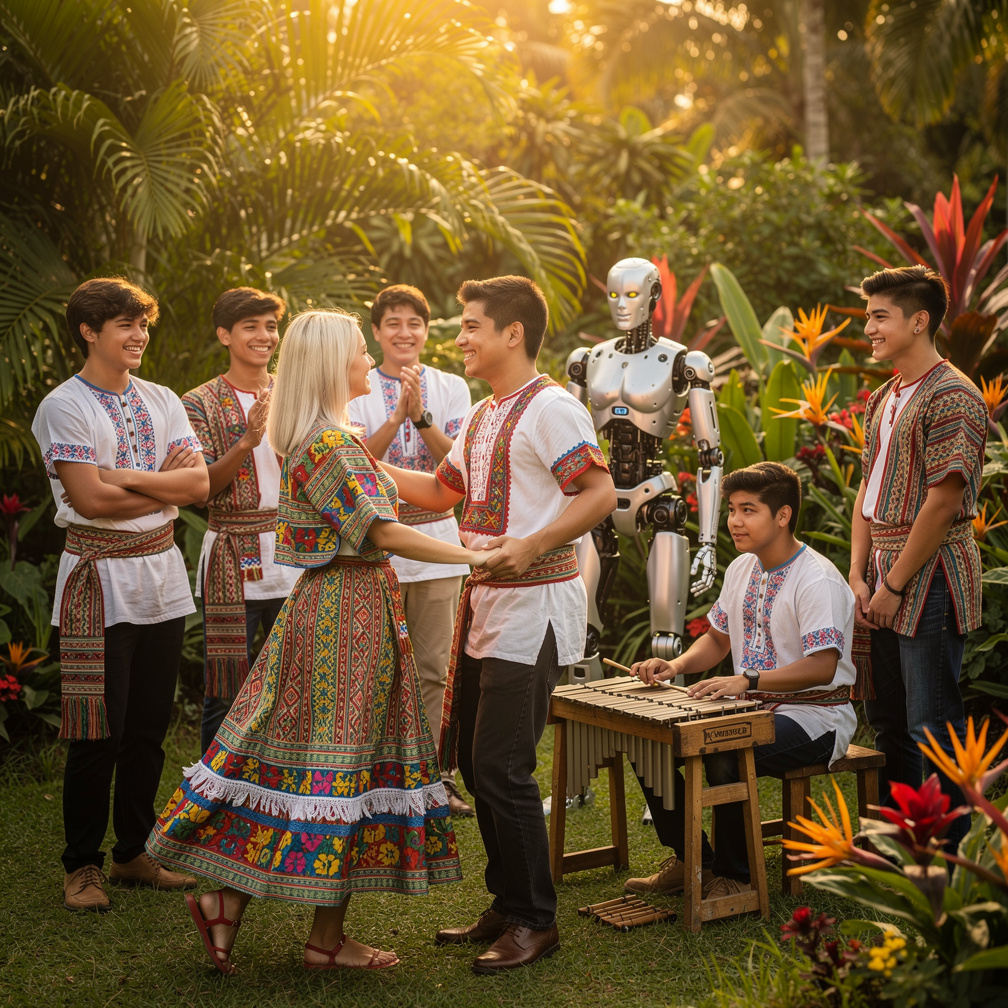 Robbie Li plays Guatemalan Music They're wearing Guatemalan Traditional dress and instruments Emma Kimberworth starts Dancing
