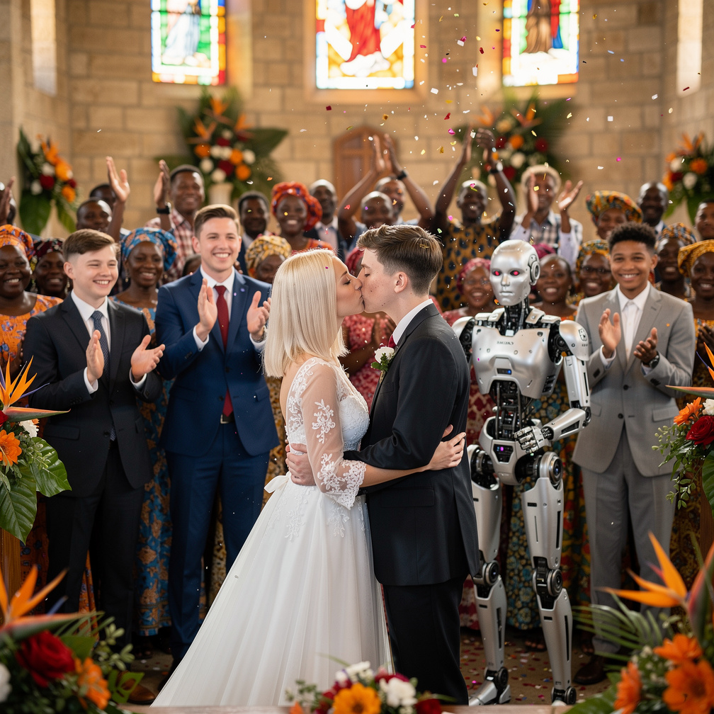 The years passed Middle Age R.J and Emma Kimberworth are married at the church in Kenya the people Starts Crowd and Cheering.