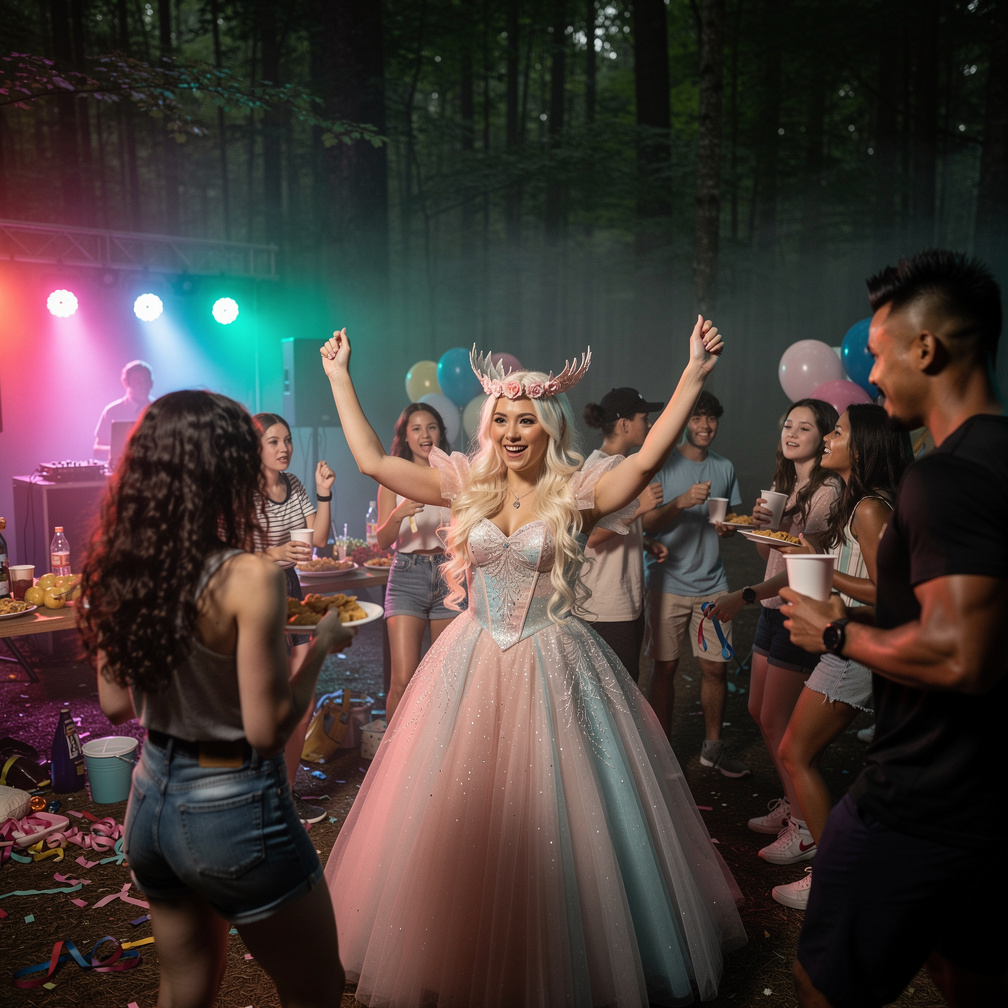 Stephanie Fujita Wears Inspired By Wicked Glinda Popular Blonde Wig and One Rose Pink On her Head Celebrating the Party At Fo