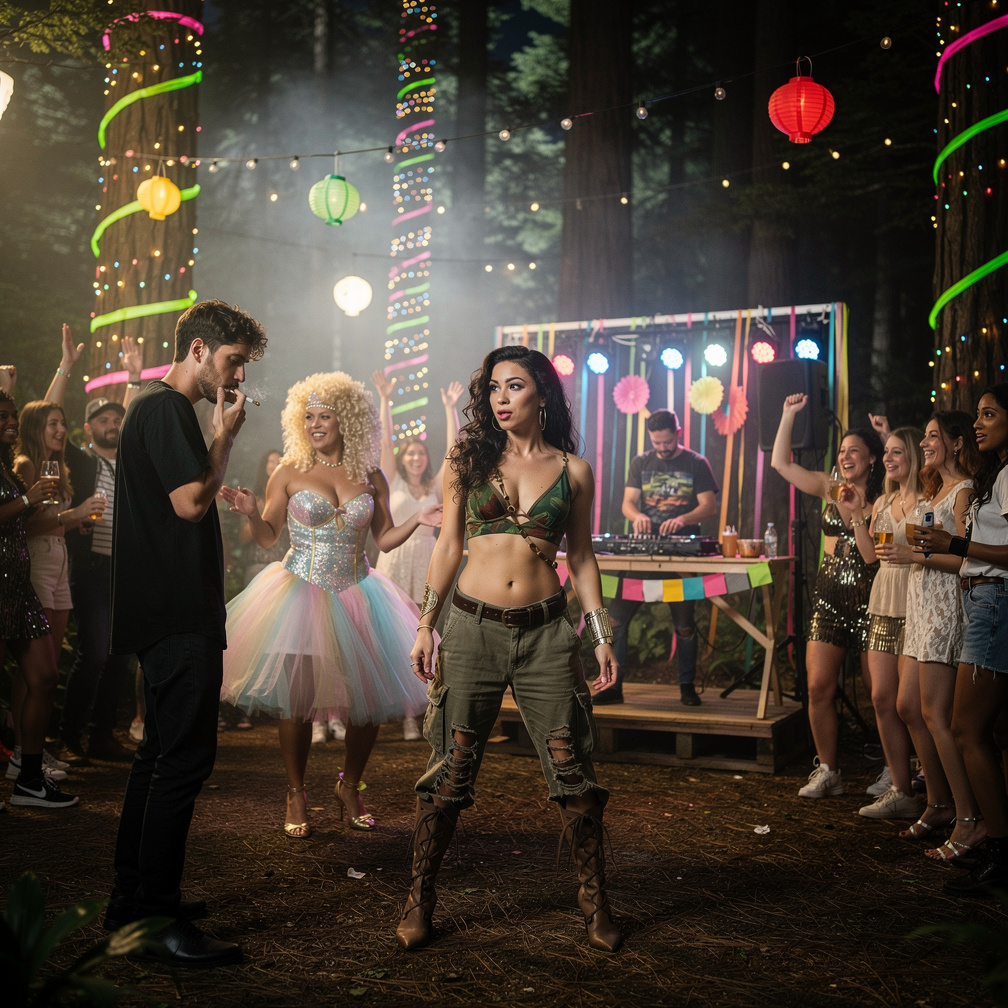 Stephanie Fujita Wears Inspired by Musical Wicked Glinda Popular and Blonde Wig she Starts Dancing at The Forest Party Group