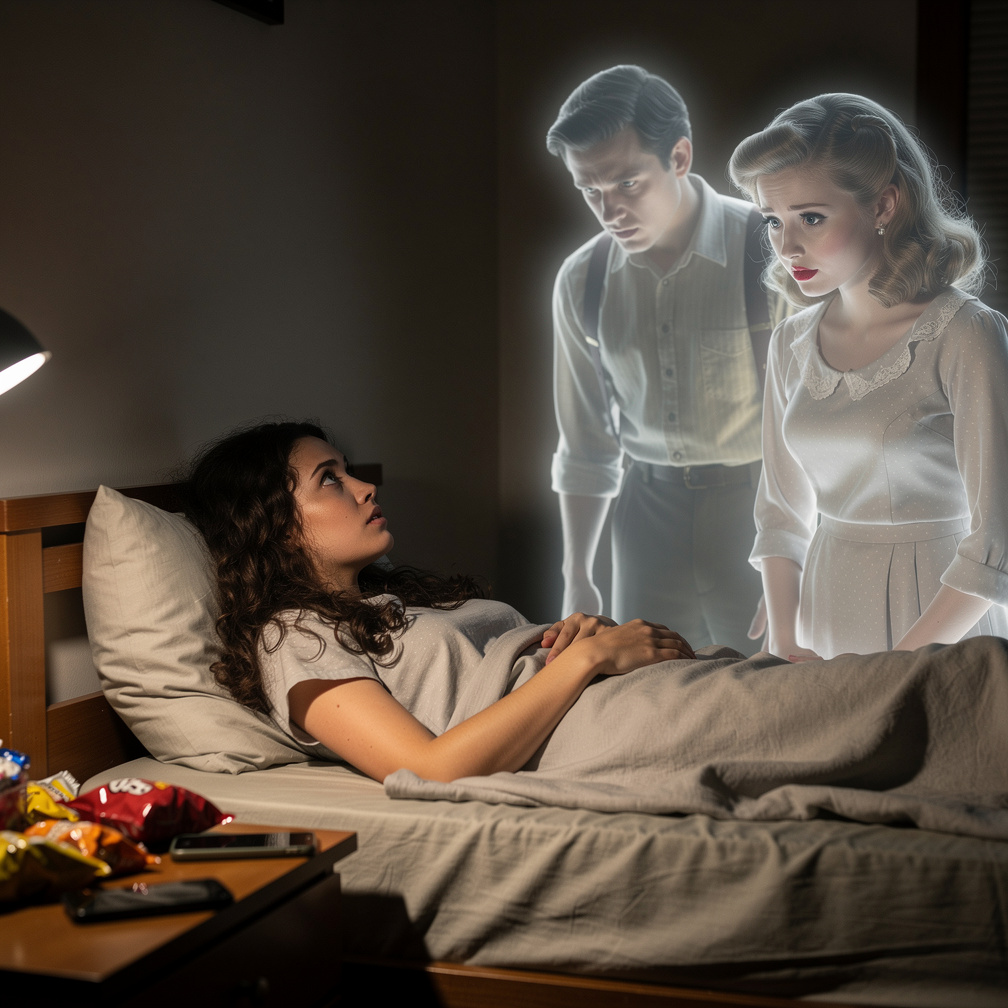 At Bedtime Mia Ji saw The Two Ghost Named William and Sadie Wears Inspired by 1960s look Sadie Red lips.