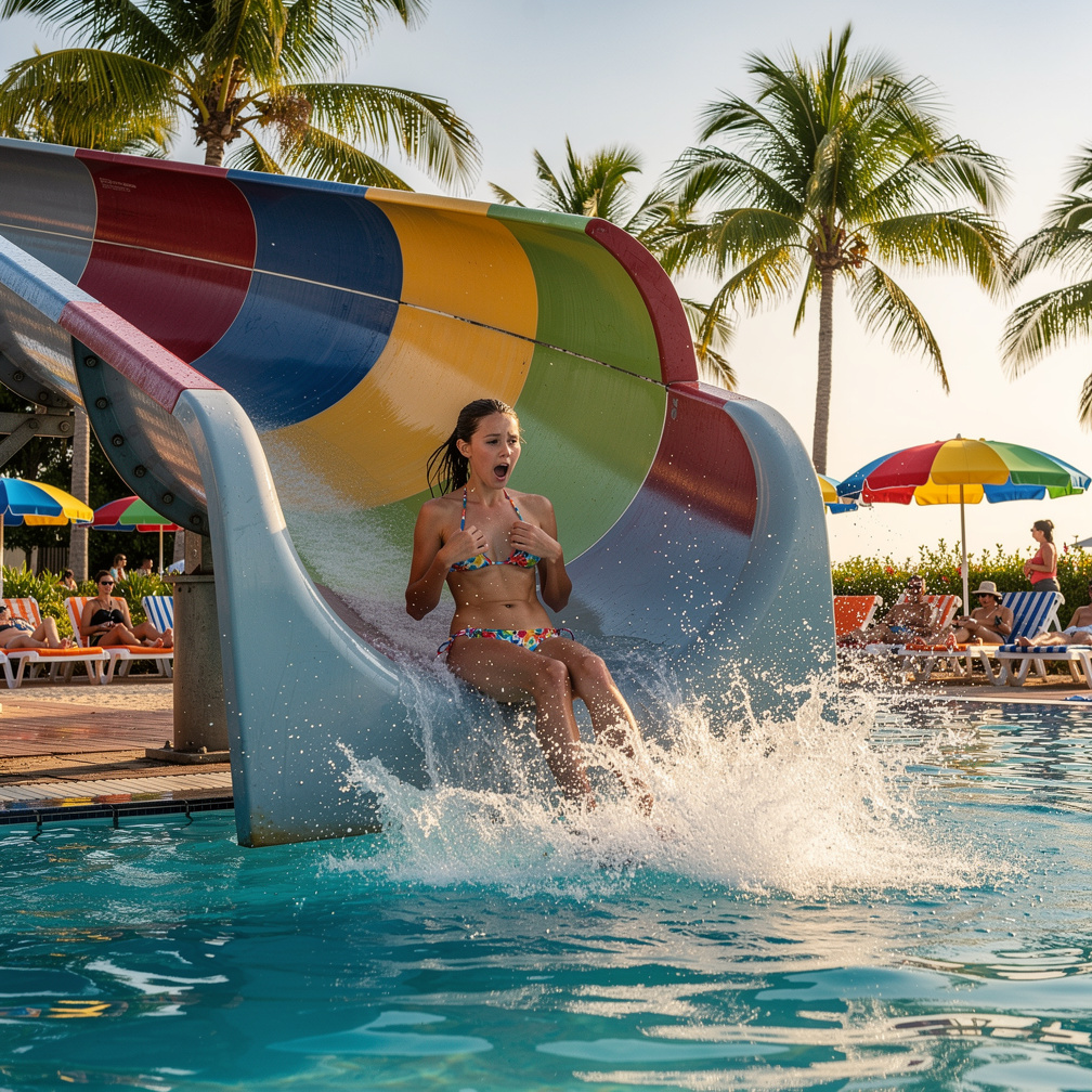 Imagine if: what if, when you are in a beachside waterpark, you see a girl sliding down a waterslide, and then, her bikini sl