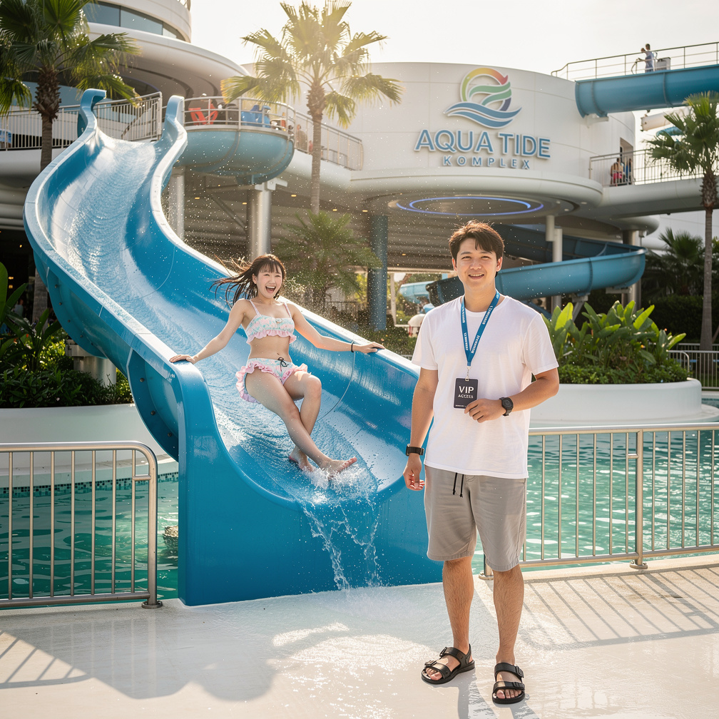 you see a Japanese girl wearing a cute frilly swimwear sliding down a waterslide...