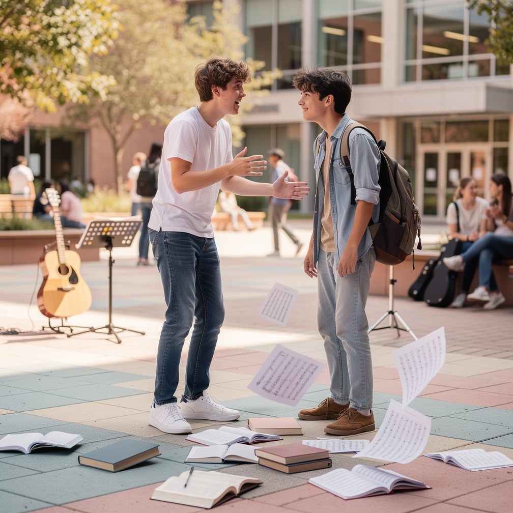 They collided, spilling books and music sheets, as their eyes met again, sparking an awkward yet undeniable connection.