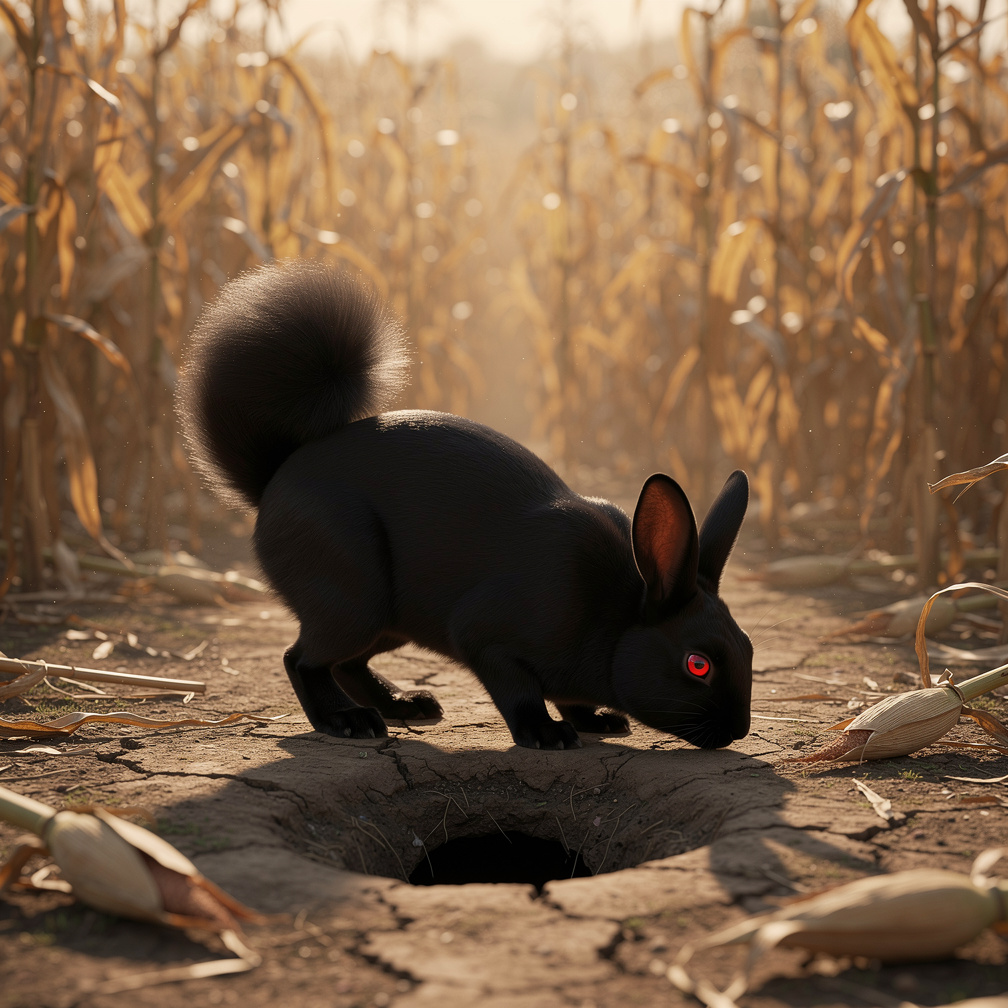 He sniffs the empty burrows, a lonely silence surrounds him, his tail twitches anxiously.