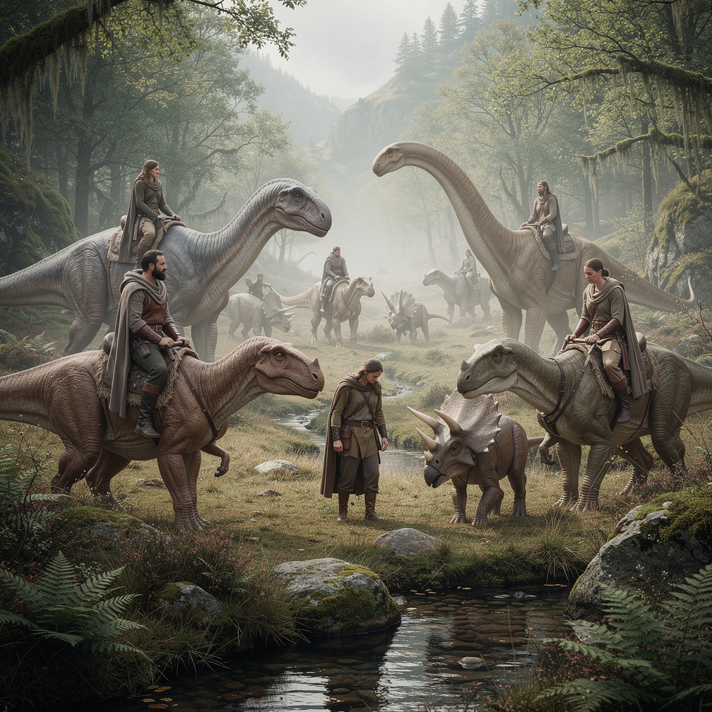 Riders on dinosaur mounts discover hidden valleys and secret waterways, expanding their knowledge of the moors.