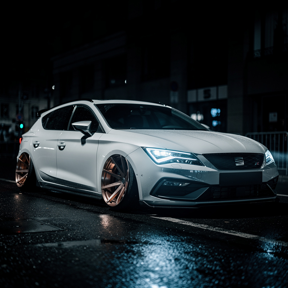 O SEAT Leon 2020 branco rebaixado estava estacionado em uma rua escura, seus faróis led iluminando as sombras.